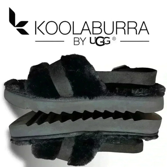 Koolaburra By UGG Adjustable Slide Sandals Fuzz'd Out Black NEW 11 - Picture 1 of 7